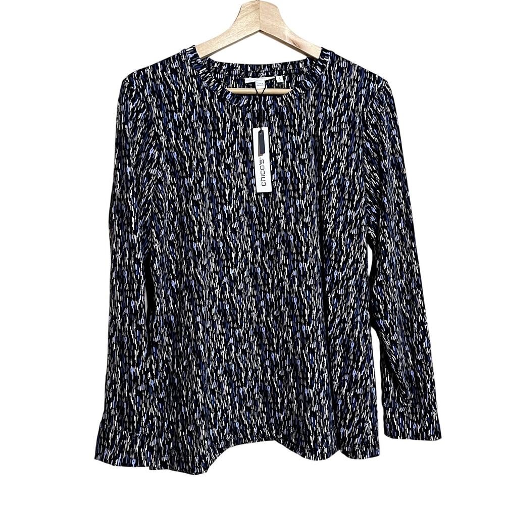 NWT Chico's zenergy UPF‎ softbrush spice LS top navy blue patterned women's 2